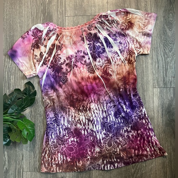 Chico’s paisley printed rhinestone peasant top. Size L - Picture 6 of 7